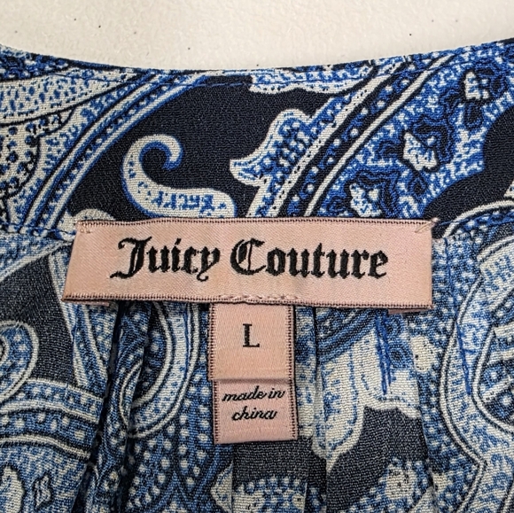 Juicy Couture Blue Paisley Sleeveless Blouse Tie Neck High Low Hem Size Large - Picture 4 of 8